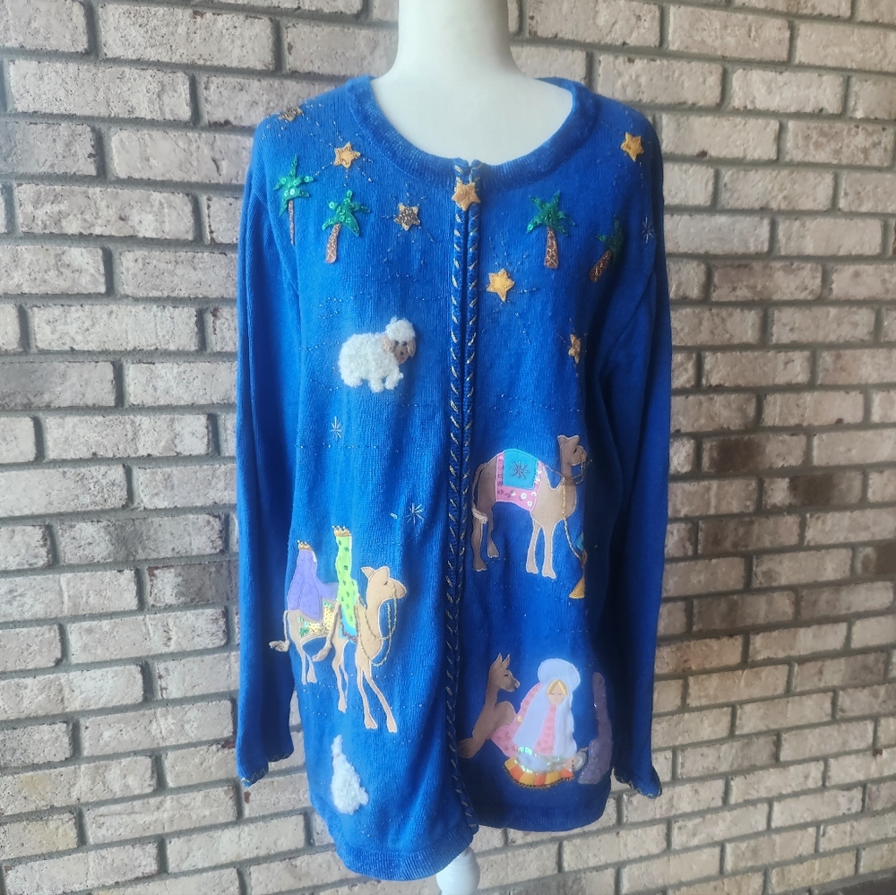 Quacker Factory QVC Christmas Wiseman Nativity manger zip cardigan jacket 1X